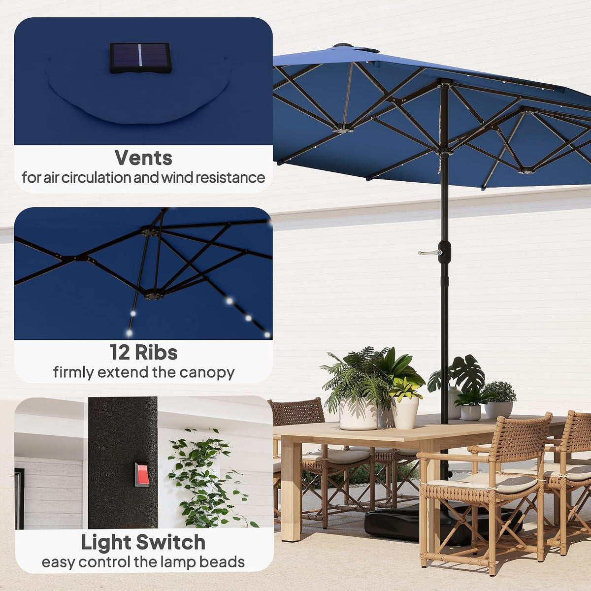 Outsunny 14.4ft Large Patio Umbrella with 36 Solar LED Lights