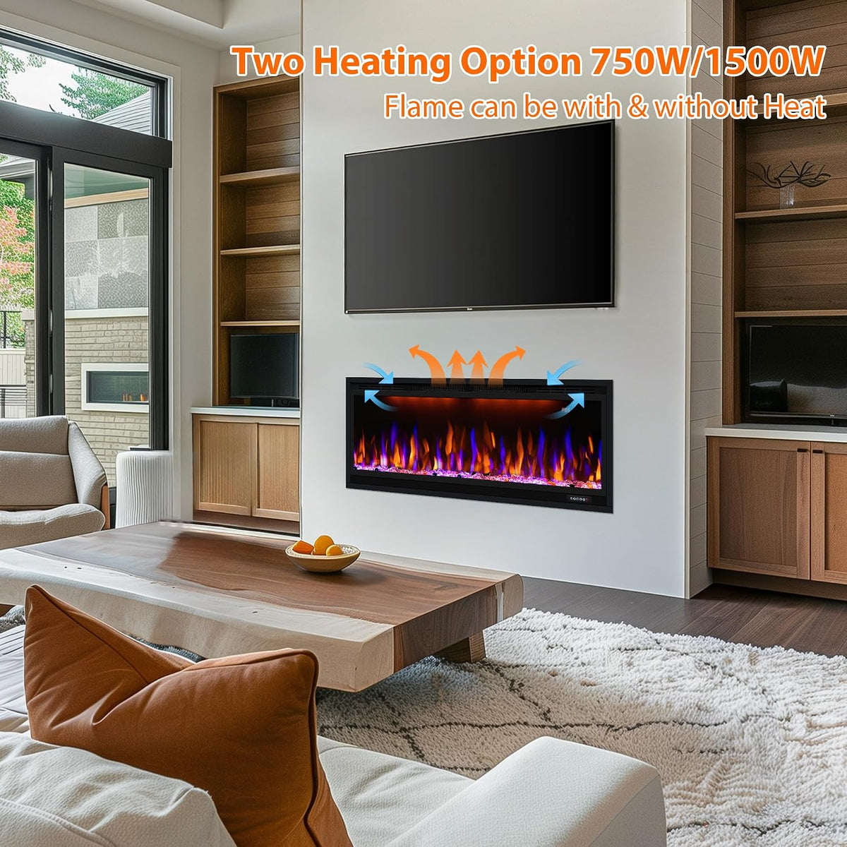 42 inch Smart Electric Fireplace WiFi-Enabled, Recessed &Wall Mounted Fireplace Inserts, Multicolor Flame w/Realistic Log &Crystals, Thermostat& Overheating Protection,Timer, 750W/1500W, Black