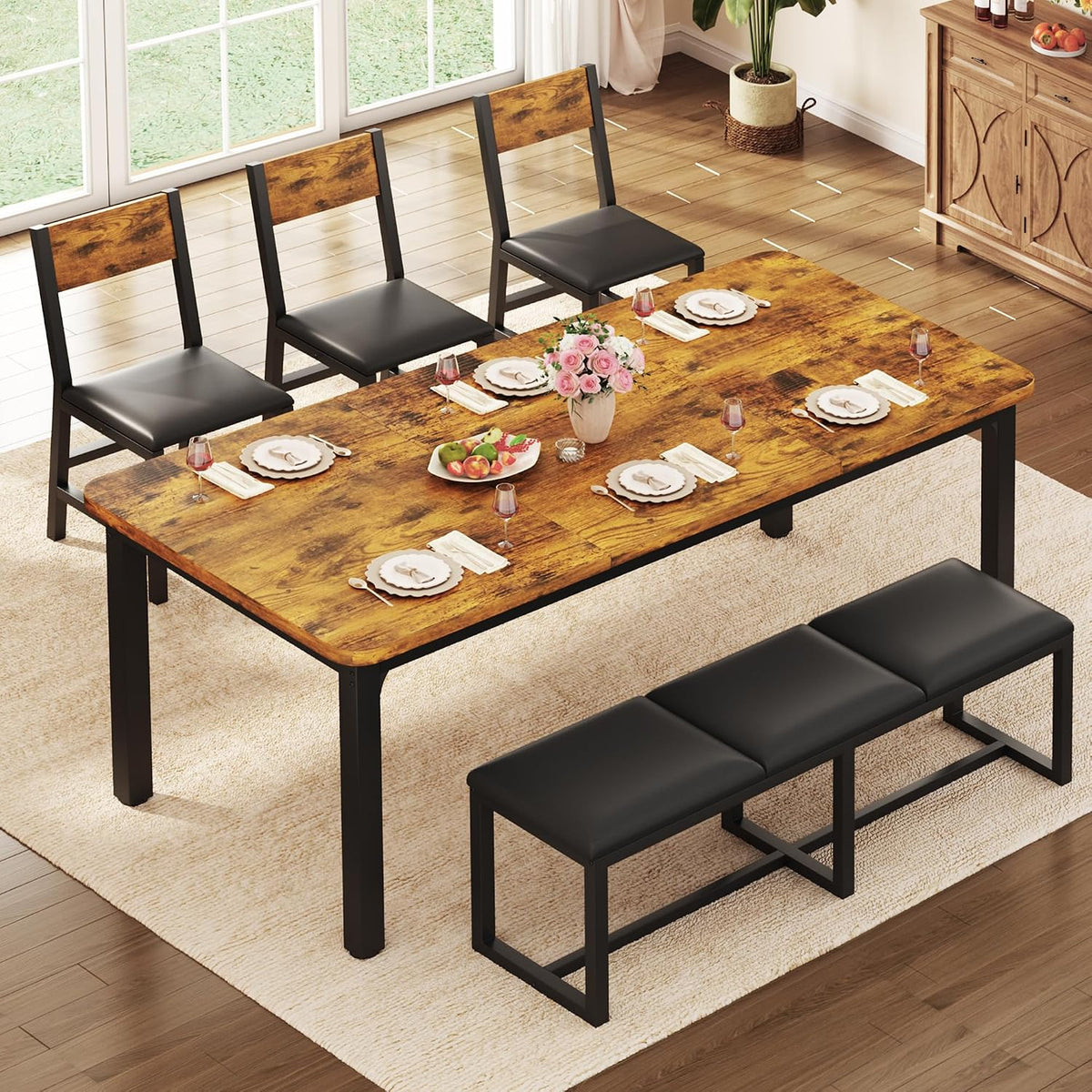 5-Piece Dining Table Set for 6, 63'' Long Kitchen Table Cushion Chairs Set with PU Bench and 3 Chairs, Rectangle Dining Table with Metal Frame & MDF Board, Space-saving for Small Apartment, Rustic