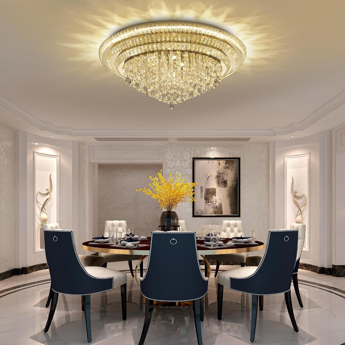40" Flush Mount Crystal Chandeliers with Remote and APP,Gold Ceiling Lights