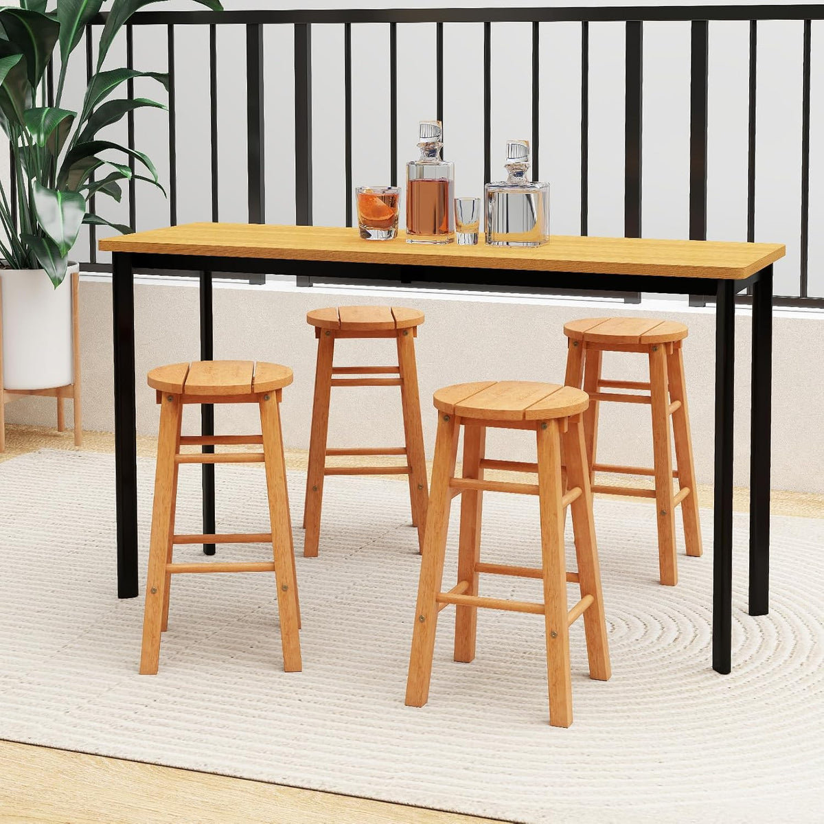 Tangkula Outdoor Wood Bar Stools Set of 2, Counter Height Backless Patio Barstools with Round Seat, Footrest, for Garden, Backyard, Balcony, Poolside, Natural (1,24 inches)
