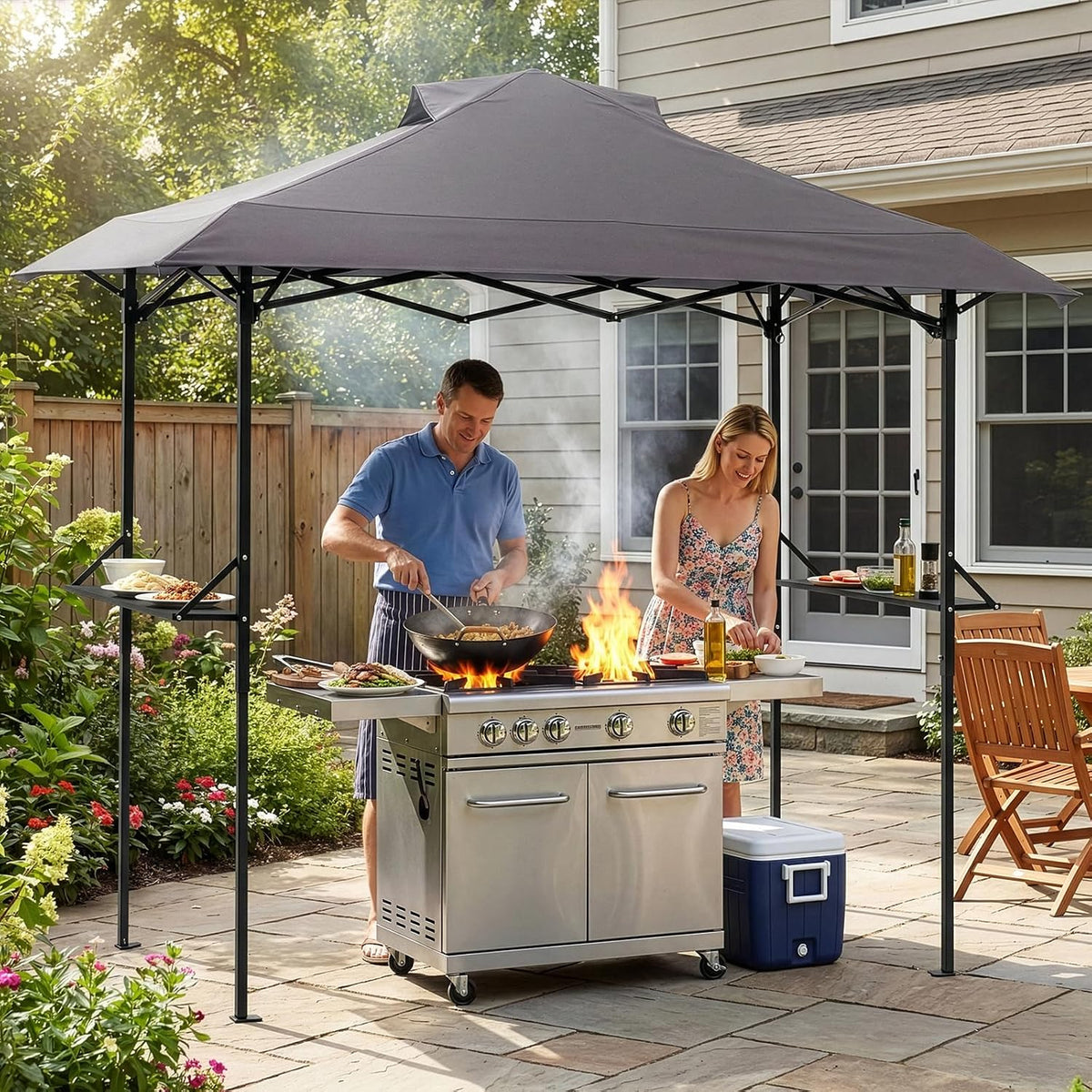 VINGLI 8x5 Pop Up Grill Gazebo BBQ Gazebo with 2 Side Shelves, Outdoor Grill Canopy BBQ Canopy Adjustable Height, Grilling Pergola for Patio Garden (Gray)