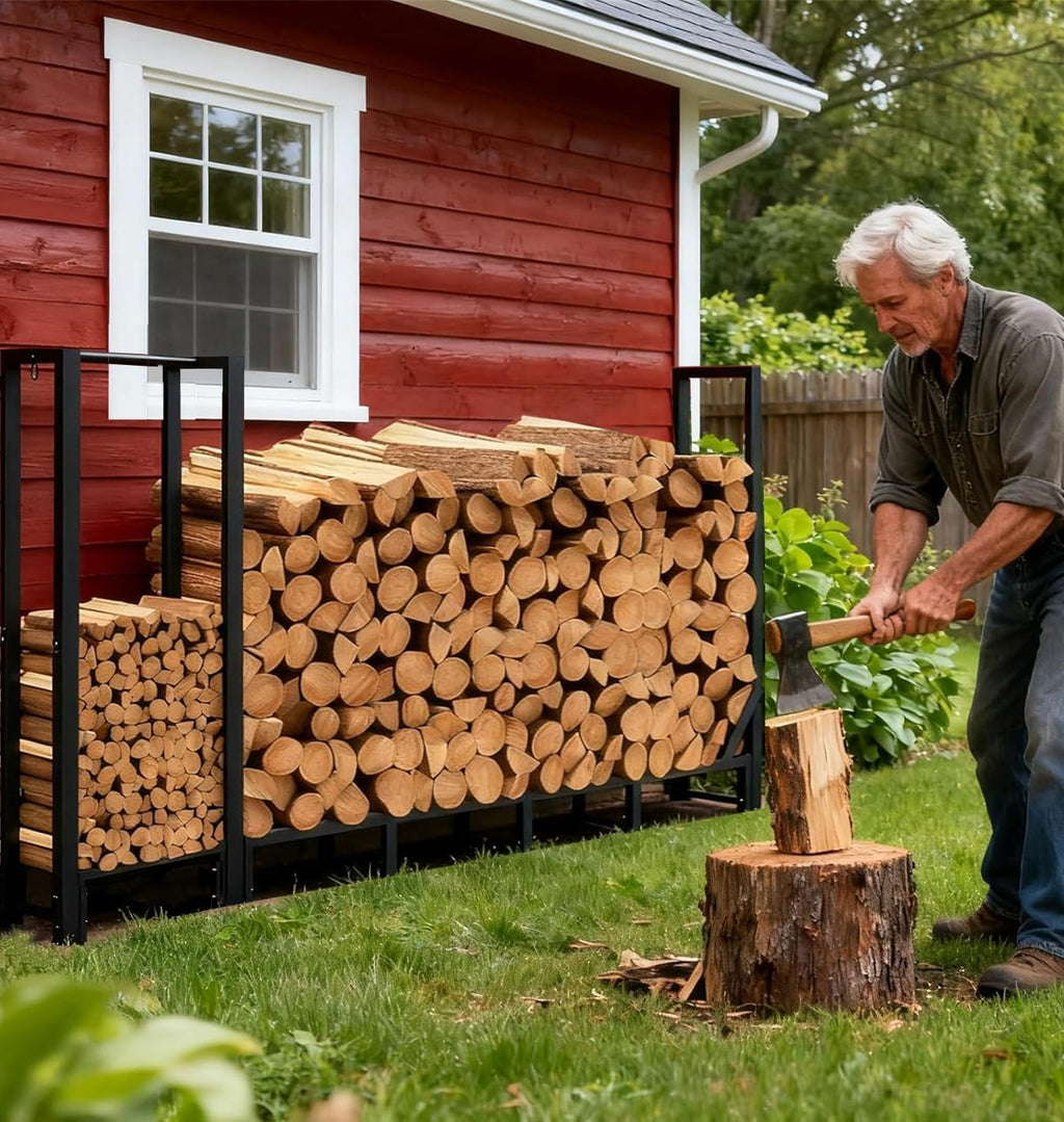 8ft Heavy Duty Firewood Rack with Kindling Storage,Black