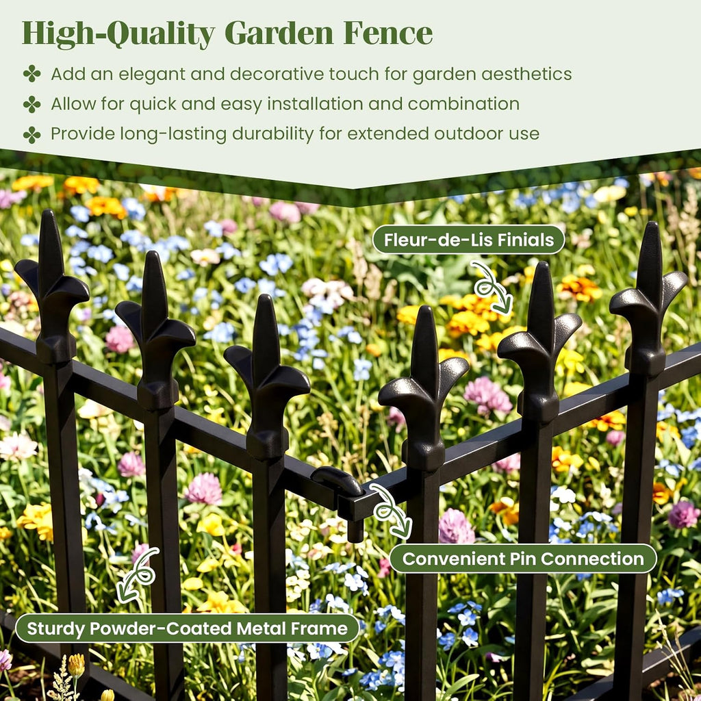 Giantex 5 Panels Decorative Metal Garden Fence, 9 FT No Dig Garden Border Fence with Fleur-de-Lis Finials, 17" H Heavy Duty Flower Bed Edging Fence, Folding Landscape Fencing for Yard, Pathway