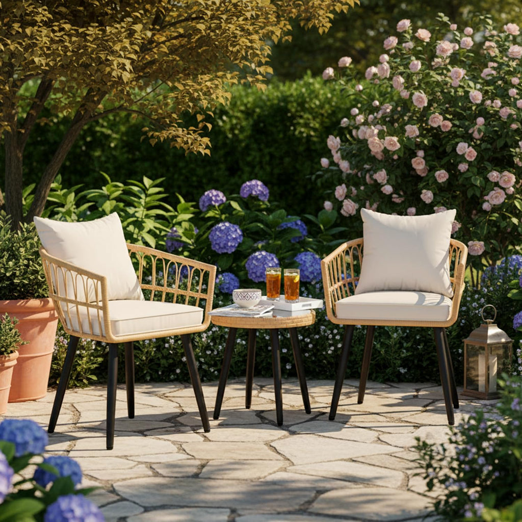 FHFO 3 Piece Patio Bistro Set, Wicker Table and Chairs Set of 2, Beige