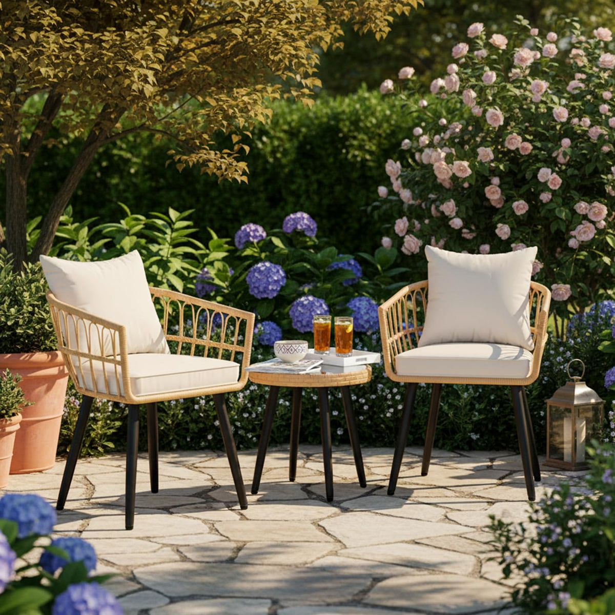 FHFO 3 Piece Patio Bistro Set, Wicker Table and Chairs Set of 2, Beige