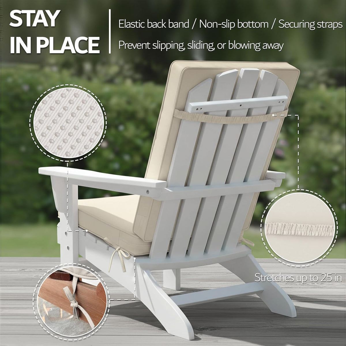 Outdoor Adirondack Chair Cushion - Removable Cover, Water-Repellent, Fade-Resistant, Non-Slip Bottom & Securing Straps, Universal Fit for Most Adirondack & Rocking Chairs - Cream