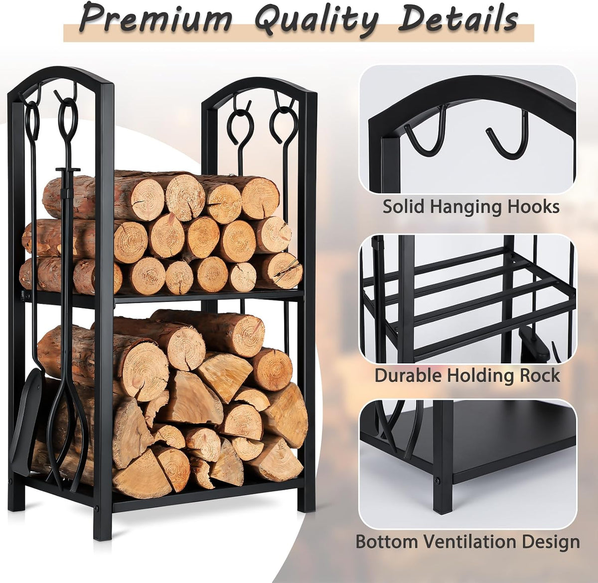 FEED GARDEN Firewood Rack Log Holder with 4-Piece Fireplace Tool Set, 29" H