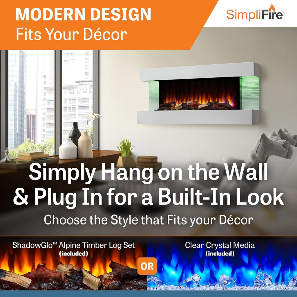 SimpliFire Format 36-Inch Wall Mount Electric Fireplace with 50-Inch Floating Mantel (SF-FORMAT36-SF-FM50-WH)