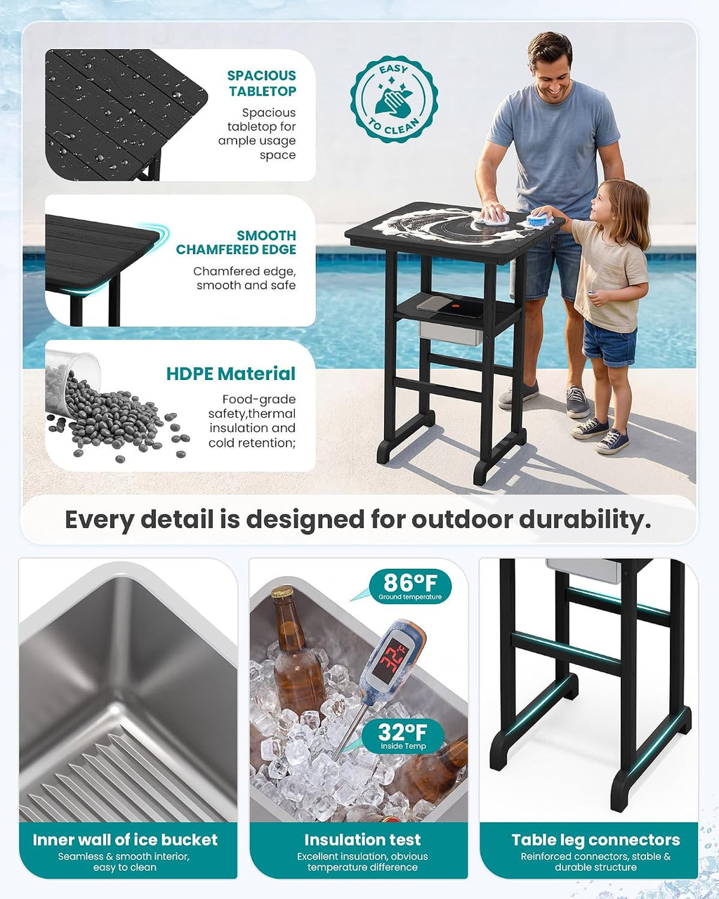 SERWALL 8 Pieces Outdoor Bar Chairs Table with Ice Bucket Set, Black