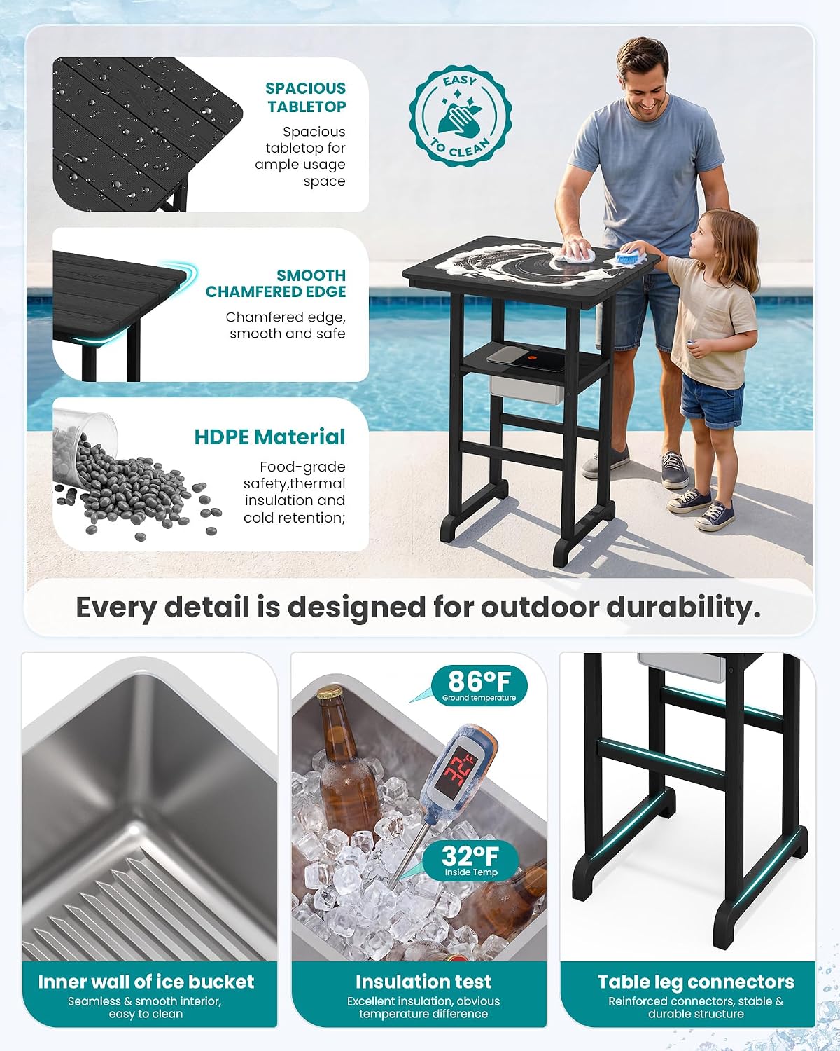 SERWALL 8 Pieces Outdoor Bar Chairs Table with Ice Bucket Set, Black