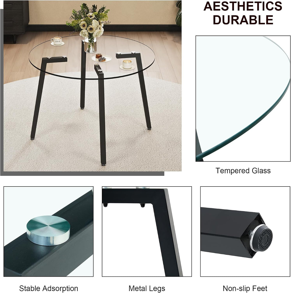 Clear Round Glass Top Dining Set for 4, 42'' Modern Luxury Circle Dinner Room Set, 5 PCS Minimalist Circular Kitchen Table Set, Grey High-end Tufted Chairs, for Home Small Apartment (Black)