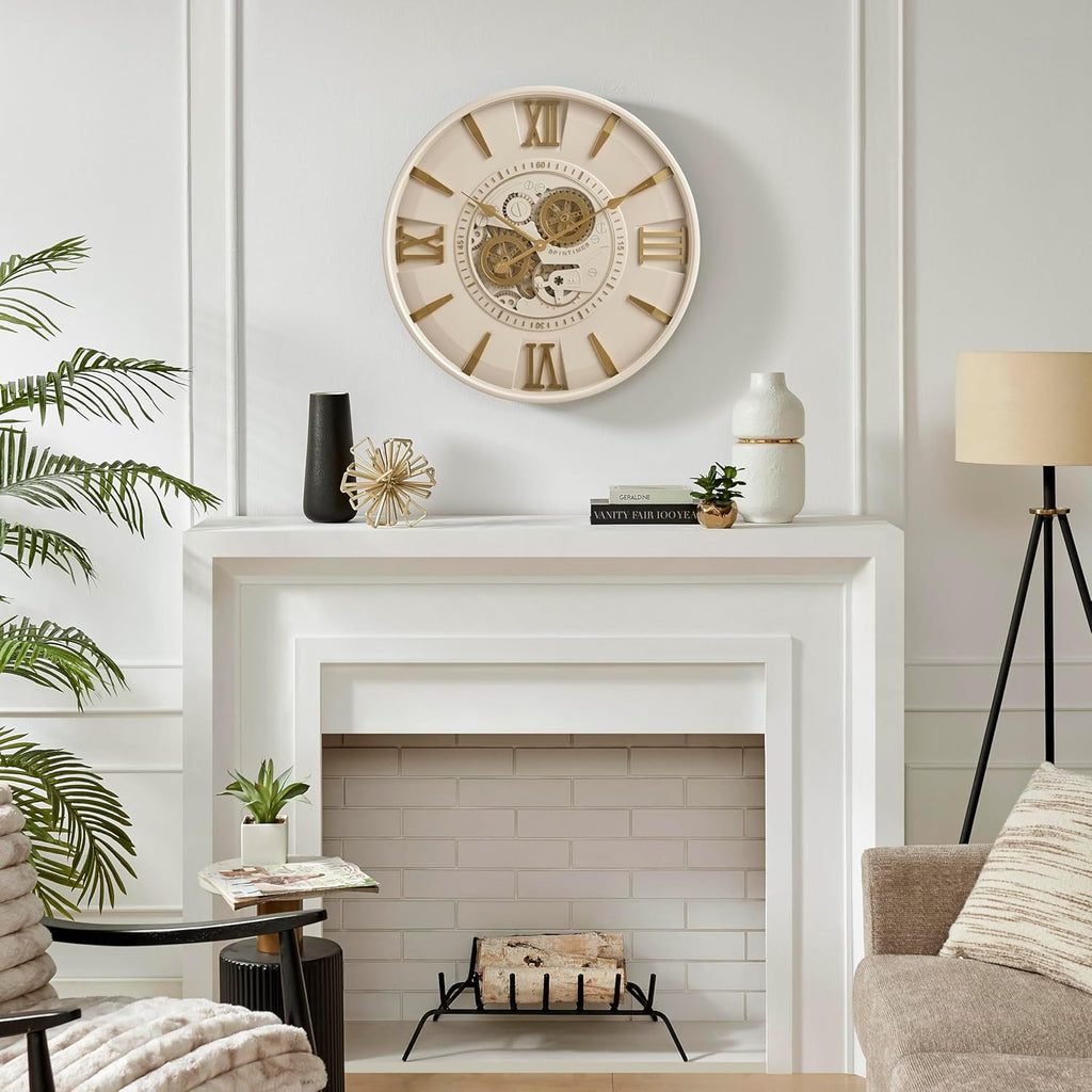 CLXEAST Mid Century Modern 24 Inch Moving Gear Walll Clock, Ivory &Gold