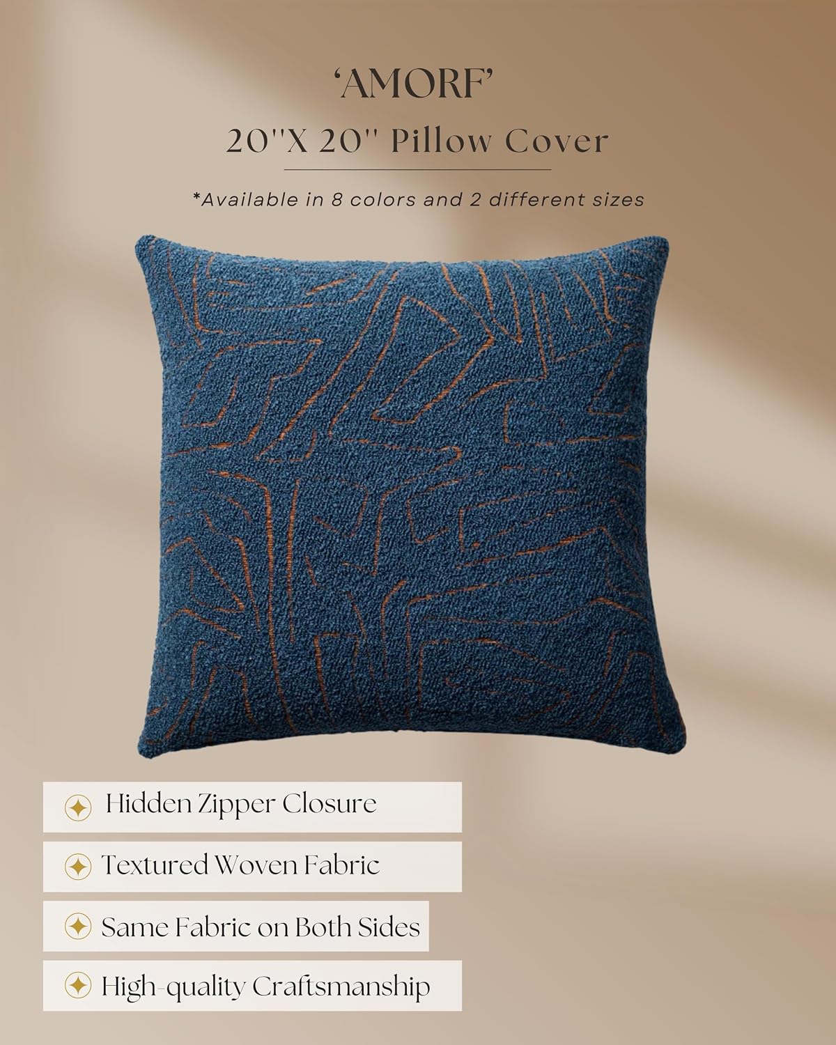 Throw Pillow Covers, Pack of 1 Woven Jacquard Cushion Covers for Sofas, Couches, Bed, Boho Home Decor, Cozy Soft and Comfortable Pillow Cases, Amorf, Blue 20x20 Inch