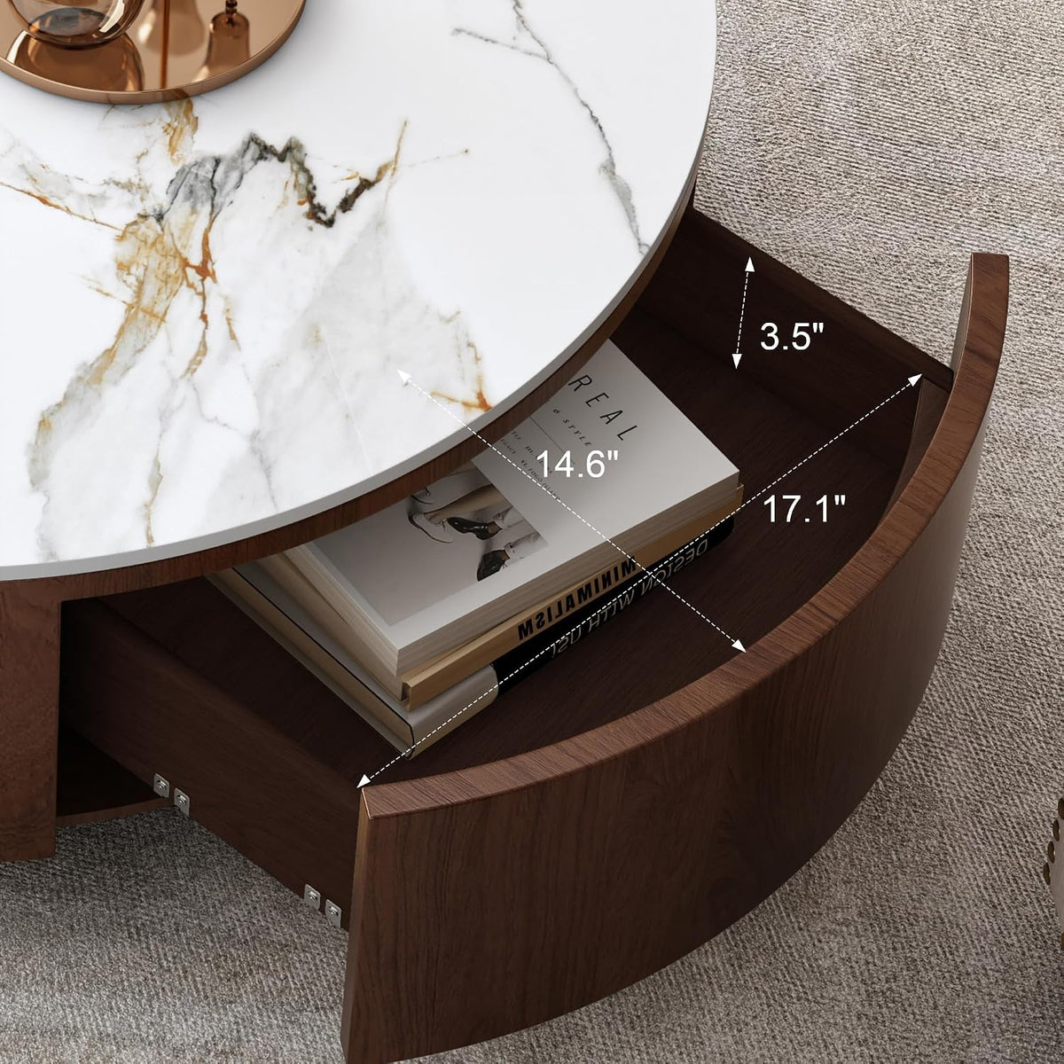 35” Round Coffee Table with Hidden Storage Drawers, Mid Century Modern Center Table with Faux Marble Tabletop & Wheels for Living Room, Home Office, Apartment, Walnut Brown+White