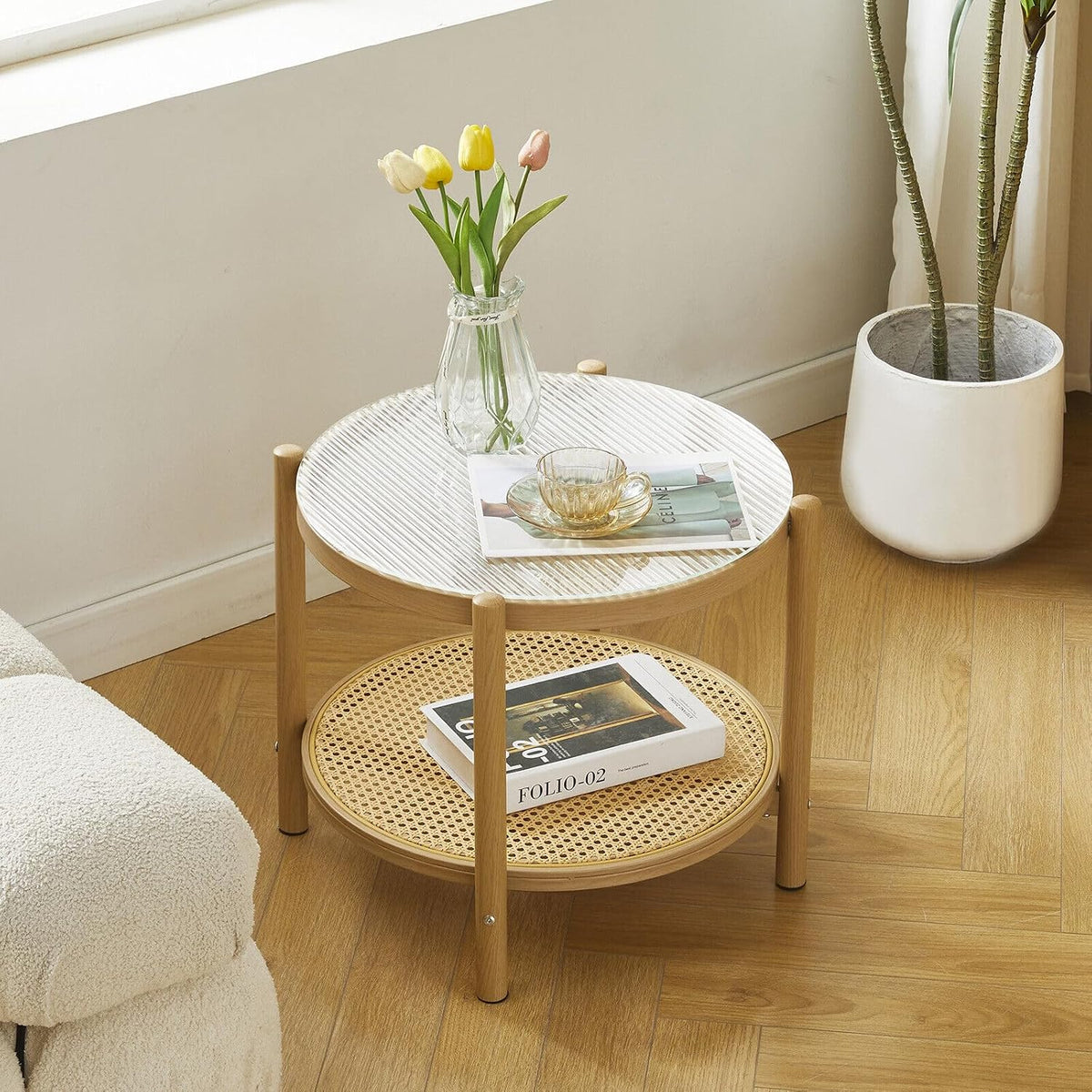 19.6" Boho Rattan Coffee Table, Round Tempered Glass Metal End Table
