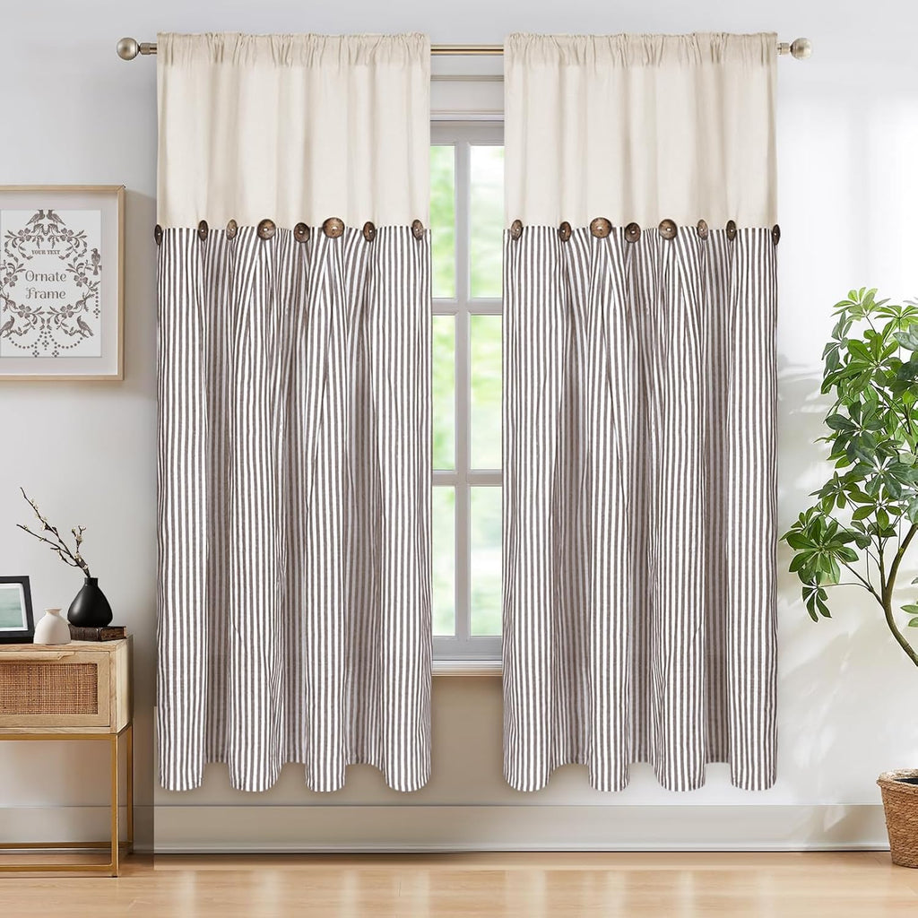 ASPMIZ Cotton Linen Farmhouse Curtains Boho Rustic Button Panel, Country Window Curtain Panels, Brown Stripe Modern Curtains for Living Room, Back Tab & Rod Pocket Curtain 52 x 63 Inch, 2 Panels