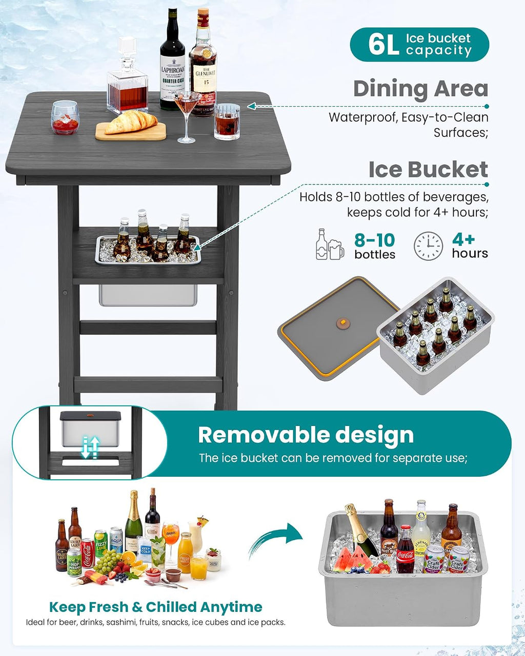 SERWALL 8 Pieces Outdoor Bar Chairs Table with Ice Bucket Set, Grey