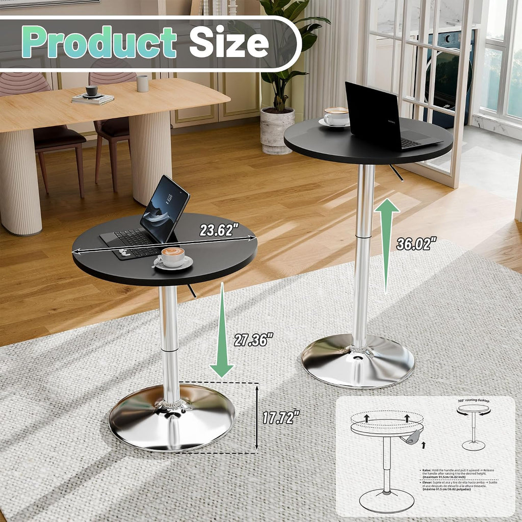 Furmax Bistro Pub Table Height Adjustable Round Bar Table 27.4-36 Inches, 360°Swivel Cocktail Table for Dining Room, Party, Café (1, Black-Silver)