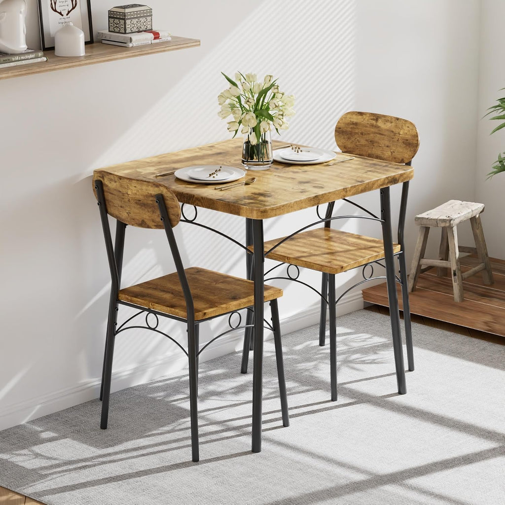 VECELO 3 Piece Small Dining Table Set for 2, Metal and Wood Square Kitchen Dinette for Breakfast Nook, Dining Room, Apartment, Saving Space, Rustic Brown