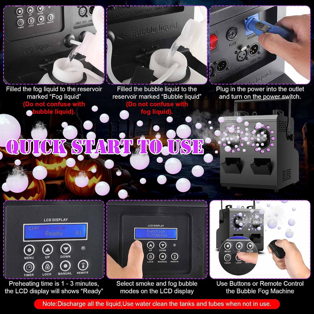 Fog Bubble Machine,1500W 3IN1 Smoke Bubble Machine with 24LEDs RGBW 4IN1 Lighting Effect Remote Control Timer Settings DMX512 for Halloween Birthday Parties Wedding Show Festival Stage