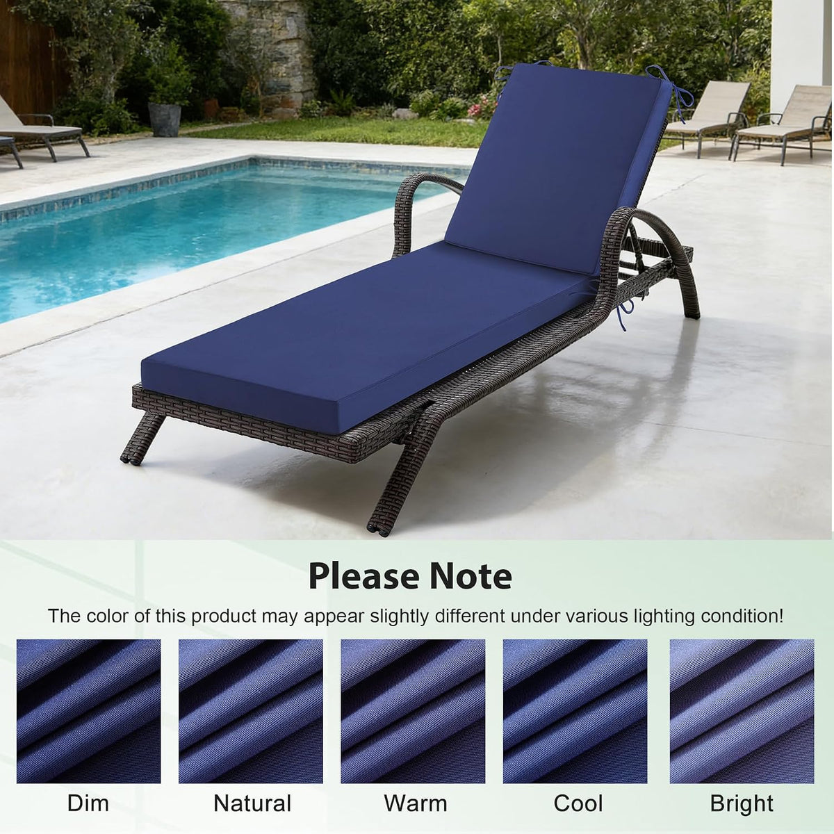 2 Pcs Chaise Lounge Cushions Outdoor, 72x 21x 3 Inch Waterproof & Fade-Resistant Lounge Chair Cushion, Outdoor Chaise Cushion with Ties for Lawn, Patio, Pool & Beach, Navy Blue