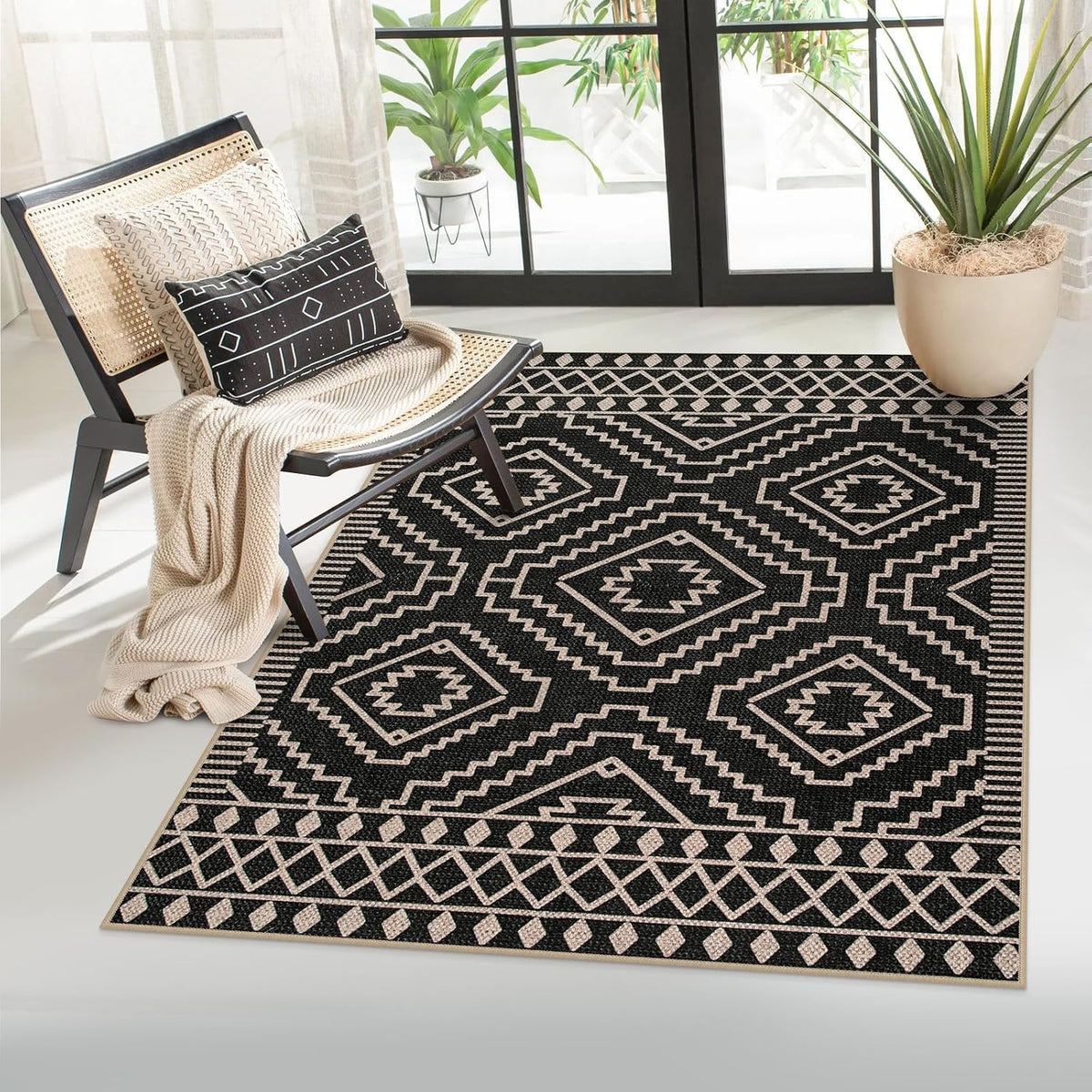 Lahome Moroccan Black Outdoor Rug, 3x5 Easy Jute Washable Entryway Rug