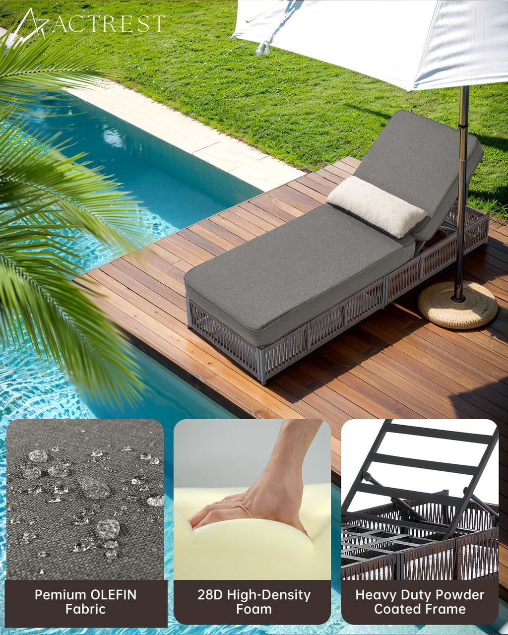 Luxury Outdoor Chaise Lounge Chairs of 4 with 5 Inch Thick Cushions and Side Table - 6 PCS High Back Brown Wicker Rattan Patio Recliners Lounger Furniture Set for Poolside Sunbathing - Grey