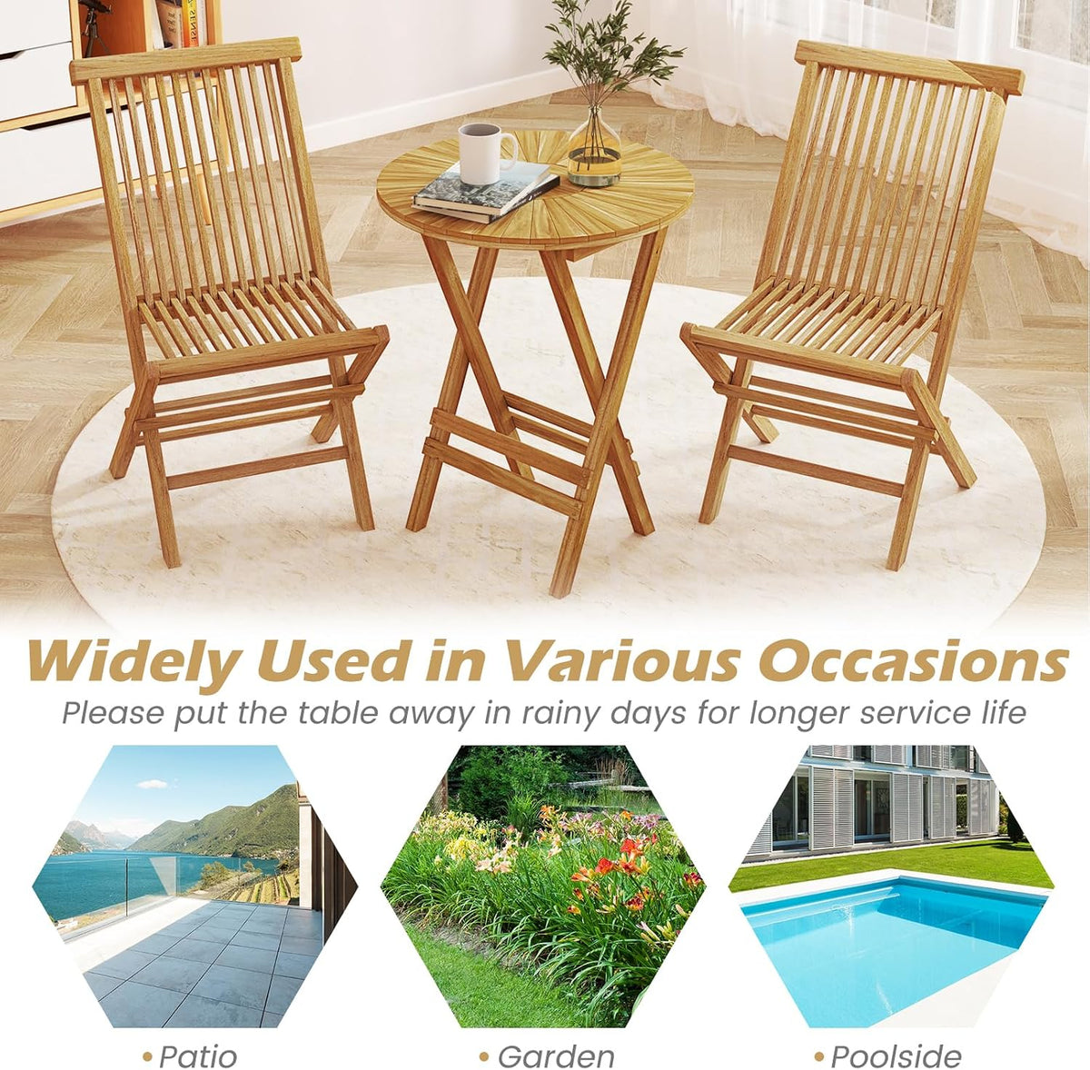 Tangkula Patio Folding Side Table, 23.5" Teak Wood Round End Table with Slatted Tabletop & X-Shaped Frame, Portable & Compact Bistro Table for Backyard, Poolside, Garden, Fully Assembled, Natural