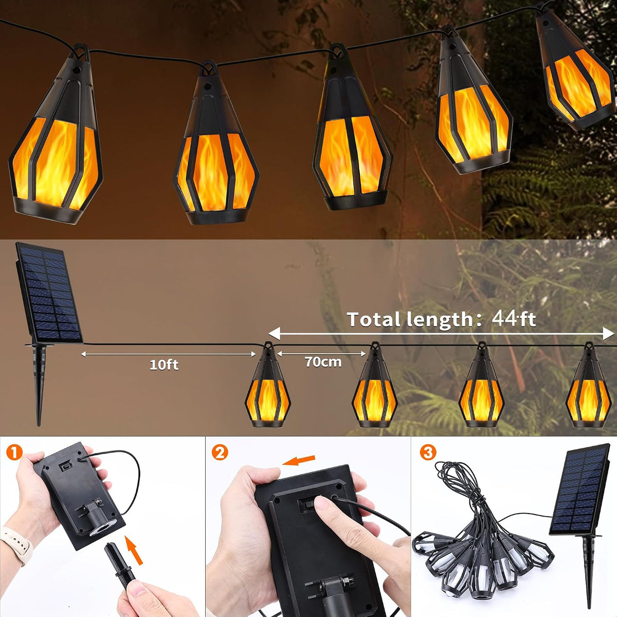 Solar String Lights for Outside, 44Ft Solar Patio Light with 20 Flickering
