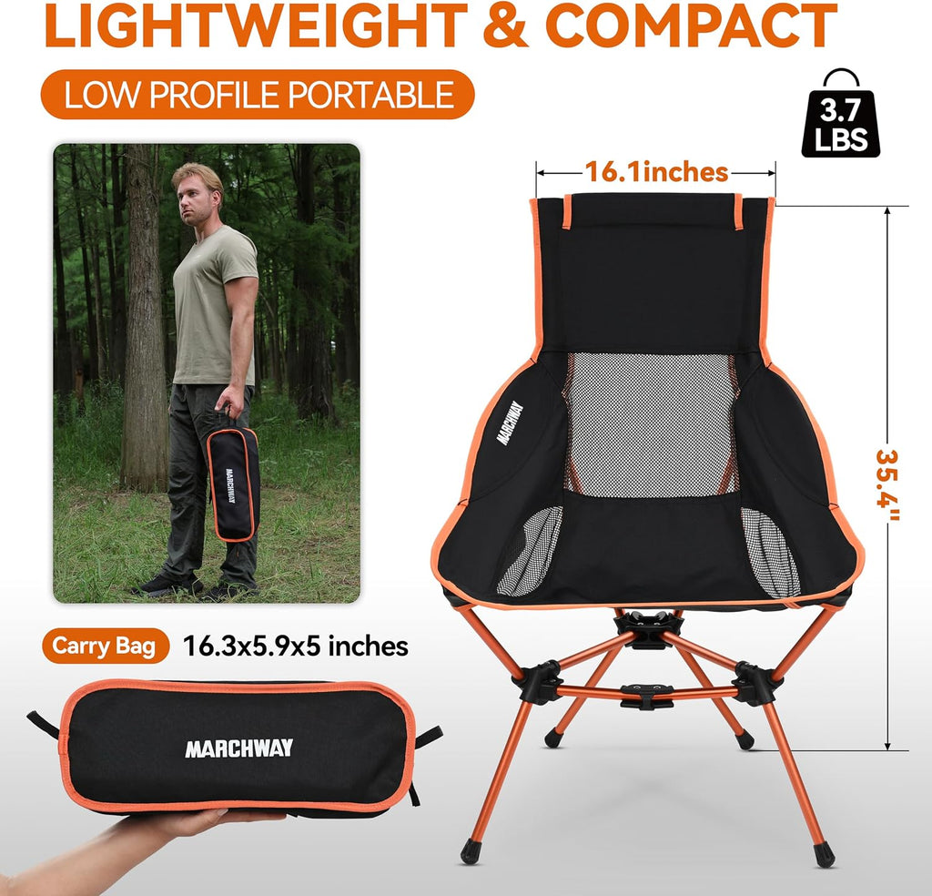 MARCHWAY Lightweight Folding High Back Camping Chair with Head Support, Stable Portable Compact for Outdoor Camp, Travel, Beach, Picnic, Festival, Hiking, Backpacking (Highback Orange)