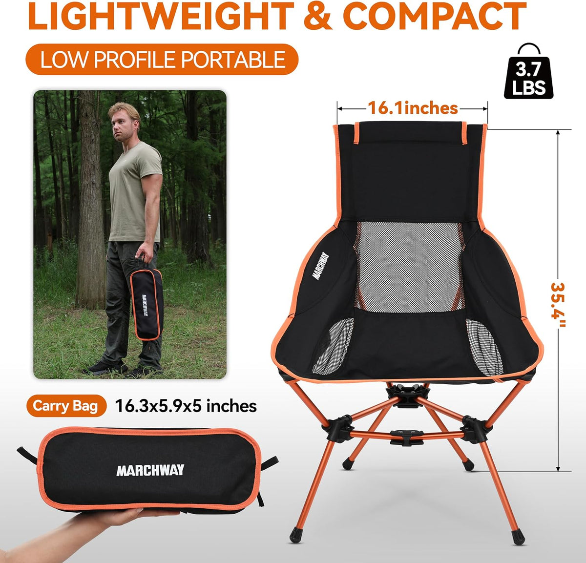 MARCHWAY Lightweight Folding High Back Camping Chair with Head Support, Stable Portable Compact for Outdoor Camp, Travel, Beach, Picnic, Festival, Hiking, Backpacking (Highback Orange)