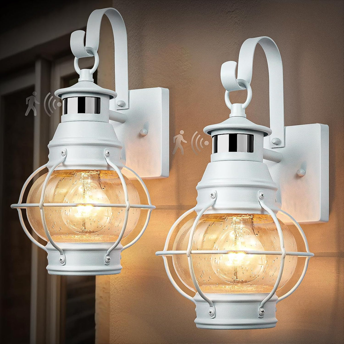 Lamomo 2-Pack White Motion Sensor Outdoor Light – Modern Farmhouse Porch Fixture for Light Siding, Anti-Rust Aluminum Exterior Wall Lantern, Dusk to Dawn Sconce with Clear Glass (White)