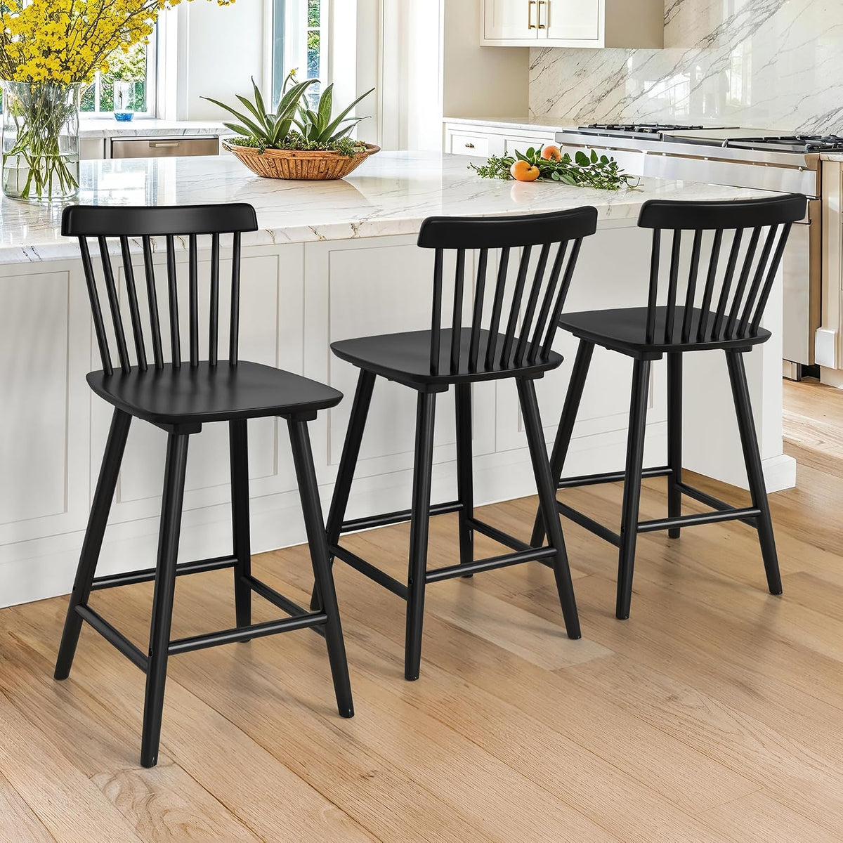 LUE BONA Upgraded Windsor Wooden Black Bar Stools Set of 3, 24 Inch Counter Height Barstools with Spindle Back/Bigger Seat for Kitchen Island
