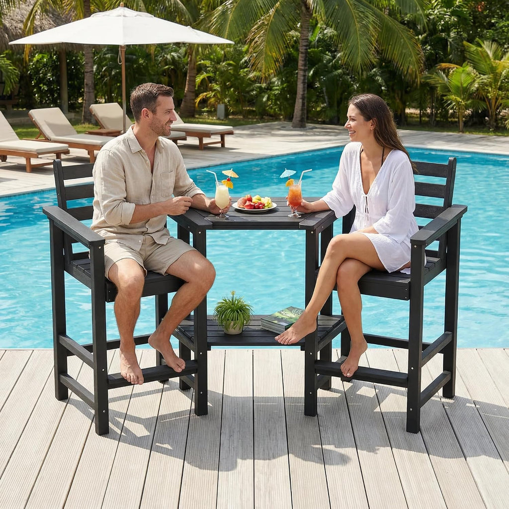 GLANC Tall Adirondack Chairs Set of 2, All Weather HDPE Bar Height Balcony Adirondack Chair with Removable Connecting Trays, Outdoor Adirondack Barstools for Deck Patio Pool Lawn, Black