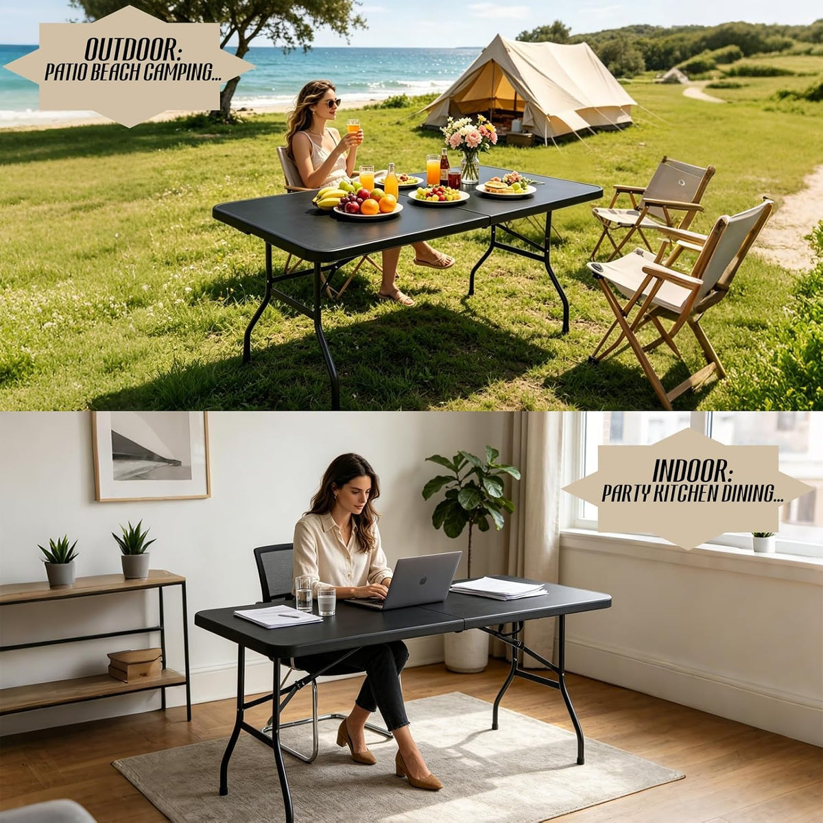 Portable Plastic Folding Table 4ft/6ft/8ft Heavy Duty White-Orange Picnic Dining Table Fold-in-Half for Camp Party Kitchen Indoor Outdoor