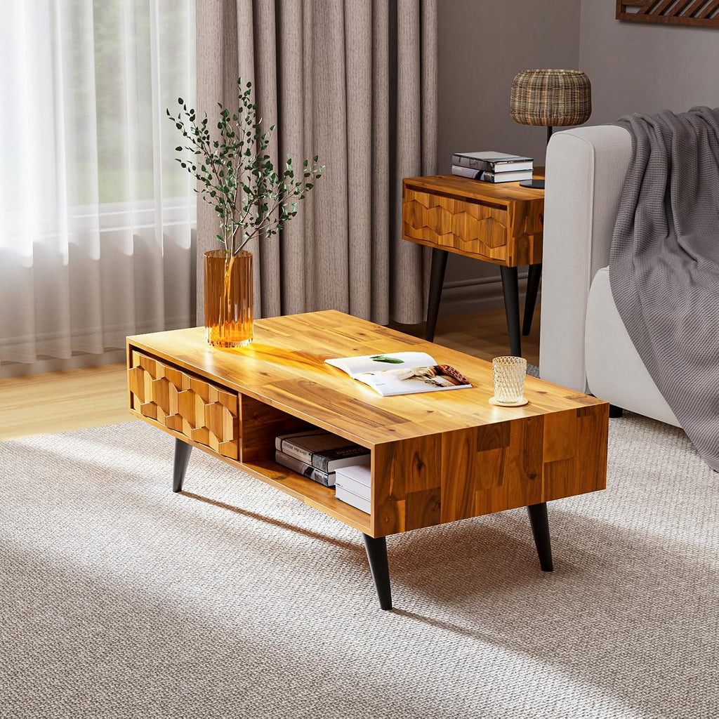 Bme Georgina Solid Wood Coffee Table, 2 Drawers & Open Shelves, Teak Brown