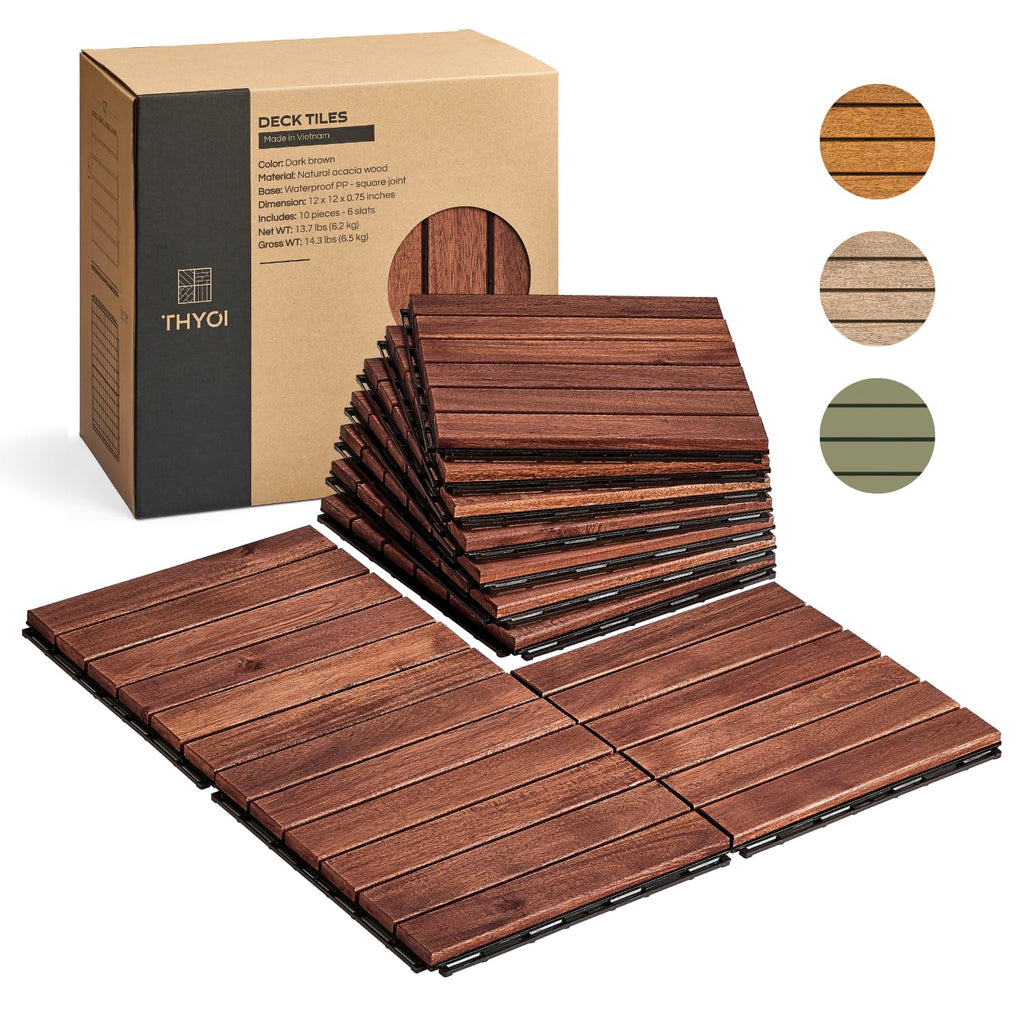 THYOI Premium Deck Tiles, 10 Pcs Patio Flooring - Brown - Striped Pattern