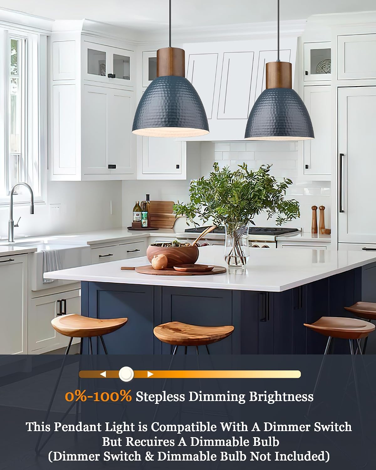 ELYONA 2 Pack Modern Hammered Pendant Lights 10.2” Blue Solid Wood Hanging Lamp, Adjustable Height, Industrial Metal Pendant Lighting for for Farmhouse, Kitchen Island, Dining Room,Bedroom,Bar,Office