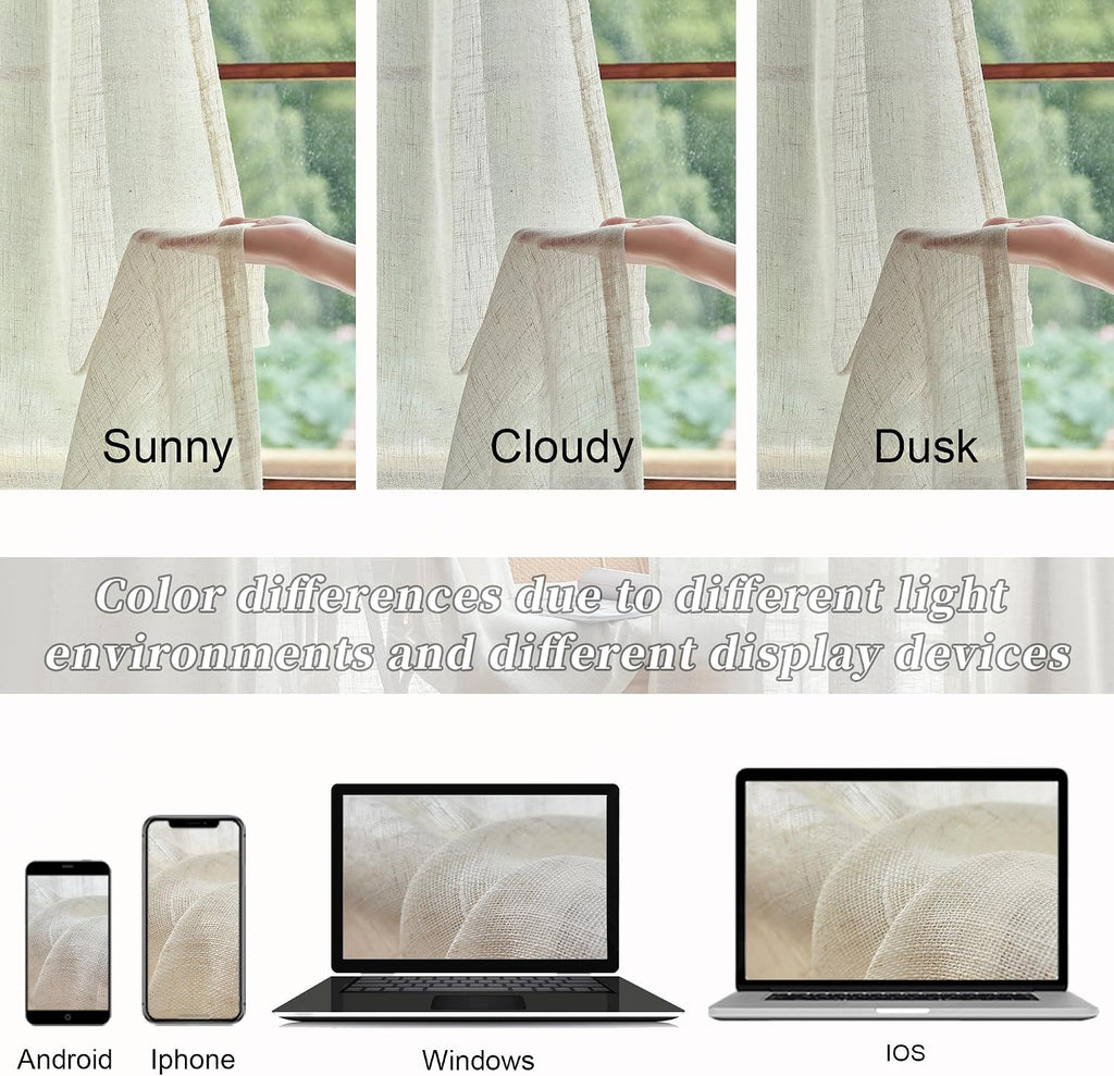 Natural Linen Beige Sheer Curtains 96 Inches Long for Living Room Farmhouse Rod Pocket Back Tab Light Filtering Soft Natural Linen Semi Privacy Sheer Window Drapes for Bedroom 8 FT Tall 60x96 2 Panels