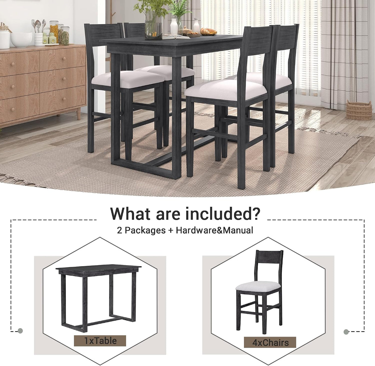 LUMISOL Small Breakfast Table Set for 4, 5-Piece Kitchen Table Set with Upholstered Bar Stools, Modern Style Wooden Table Set, Easy Assembly, Gray