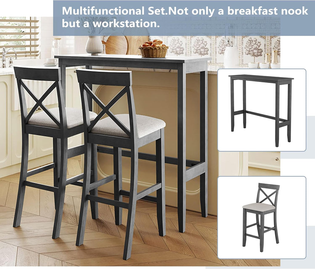 LUMISOL 3 Piece Pub Table and Chair Set, Small Bar Height Kitchen Table and Chairs, Breakfast Nook Table Set, 3 Piece High Top Dining Table for 2, Gray