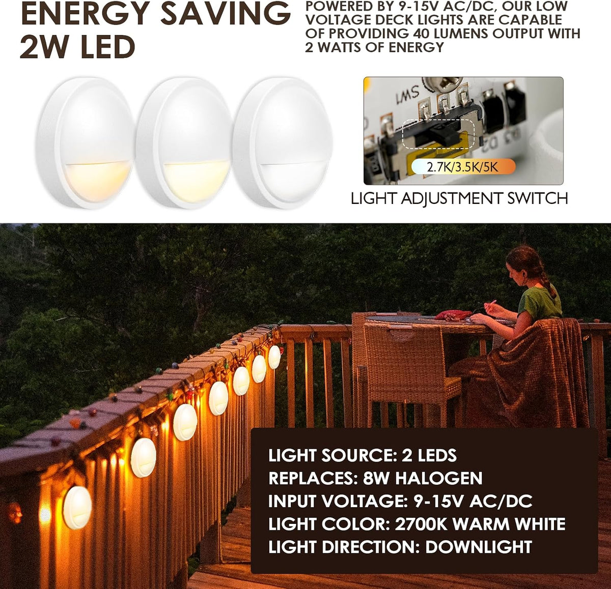 LED Low Voltage Deck Lights Outdoor Waterproof,6-Pack 3CCT Deck Lighting Fixtures Landscape Step,3W, 12V-24V AC/DC Die-cast Aluminum Housing Fence Lamp Wired 2700K/3500K/5000K (White)
