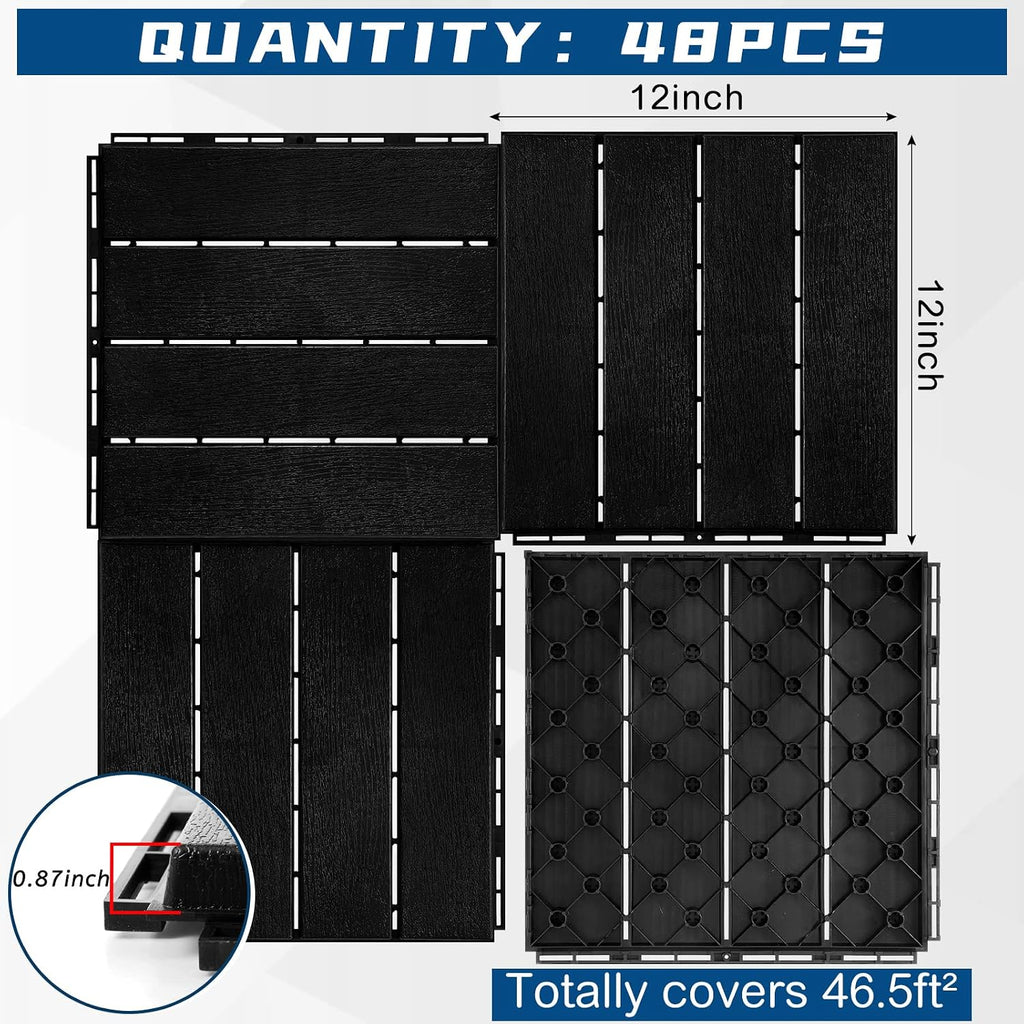 Treela 48 Pcs Plastic Interlocking Patio Deck Tiles 12"x12",Black