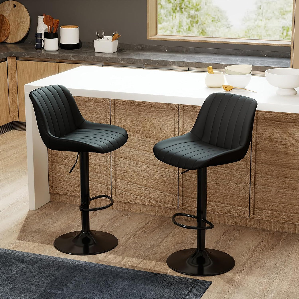 Youhauchair Adjustable Faux Leather Bar Stools Set of 3, Black