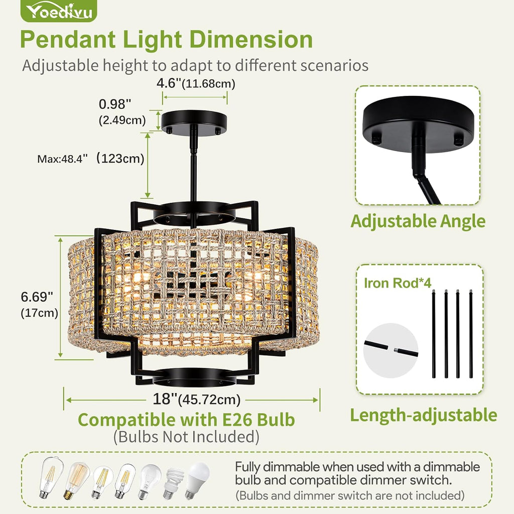 18" rattan chandelier, 4-light boho pendant light for showing dimensions