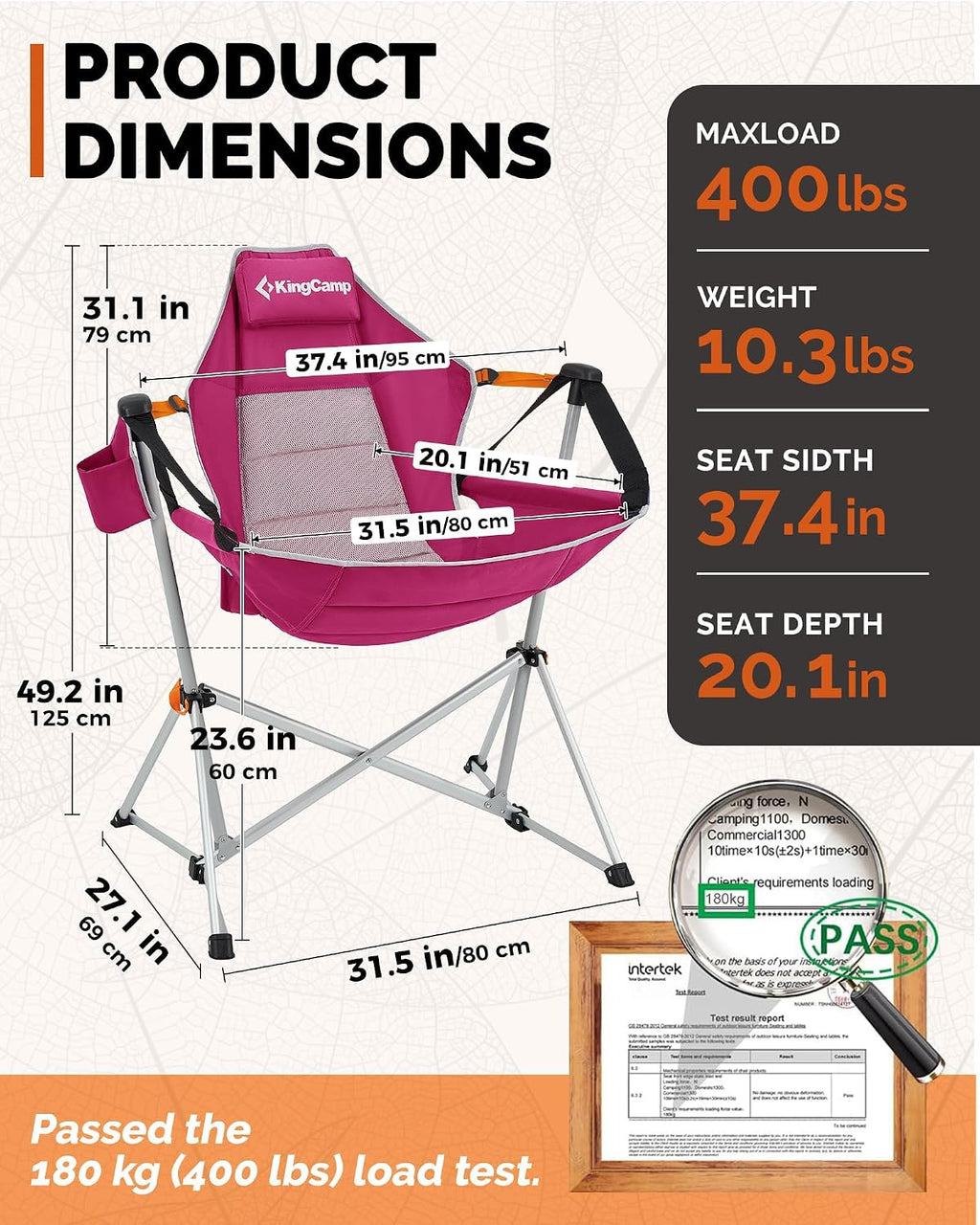 KingCamp Hammock Camping Chair, 400lbs Heavy Duty Swing Chairs for Adults