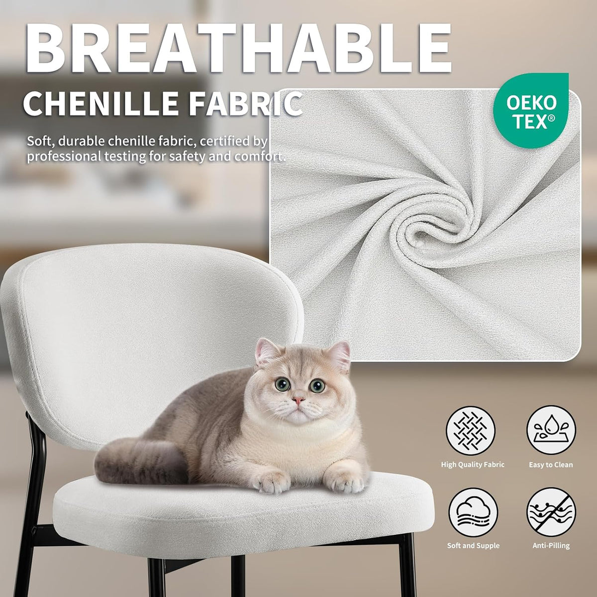 STOOLINK White Chenille Dining Chairs, Upholstered Kitchen Chairs Set of 2