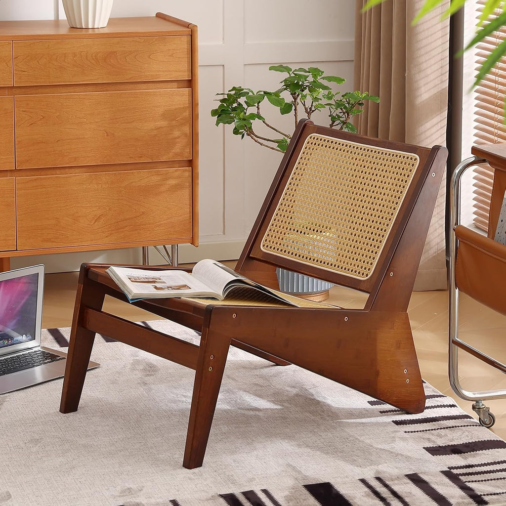 Welnow Mid Century Rattan Accent Chair with Woven Cane Backrest，Walnut