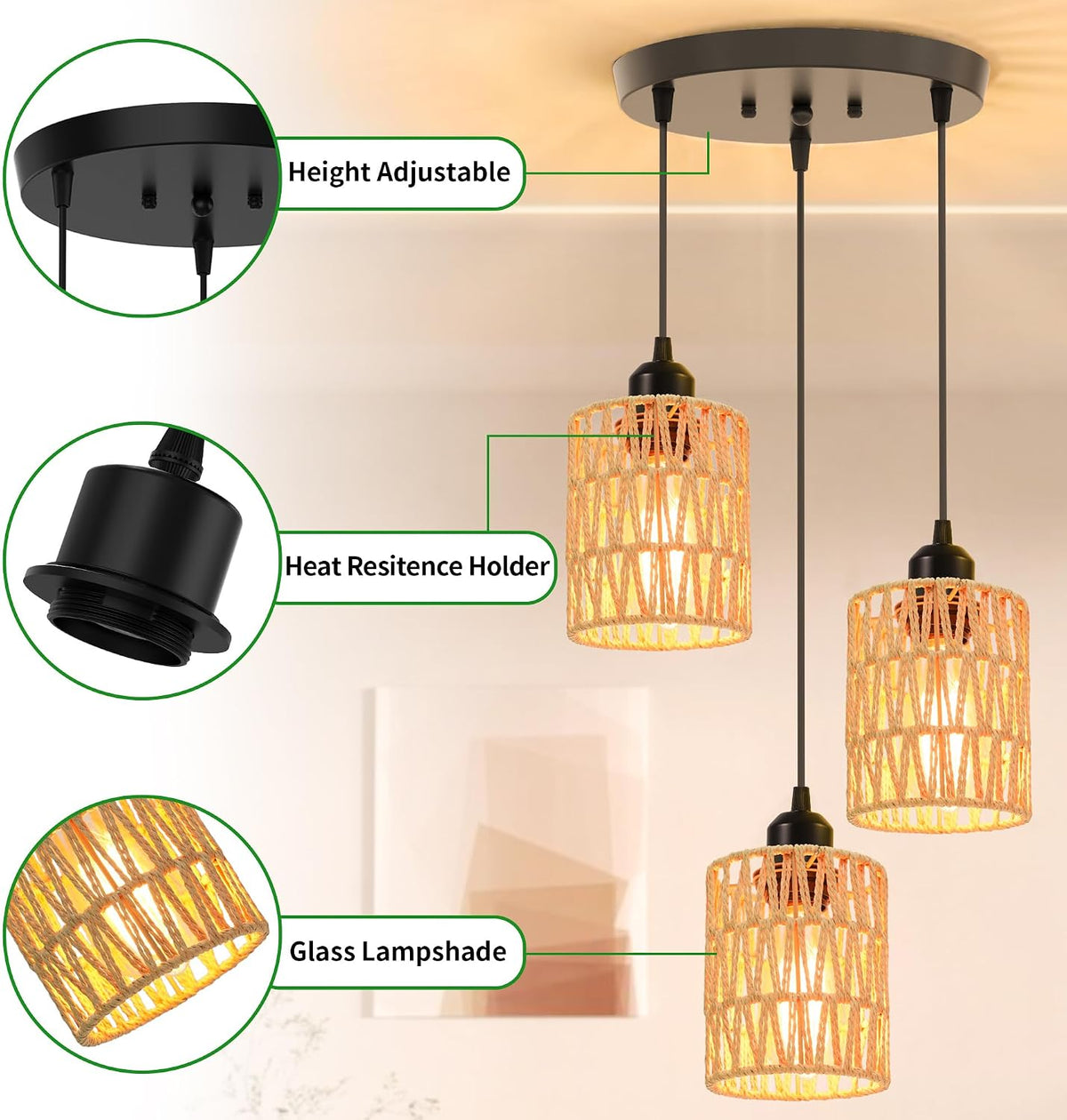 phaosio 3-light pendant lights, farmhouse hanging light fixture, side view
